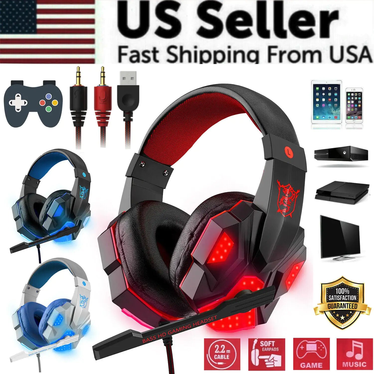LED Gaming Headset 3.5mm Surround Sound for PS4/Xbox/PC