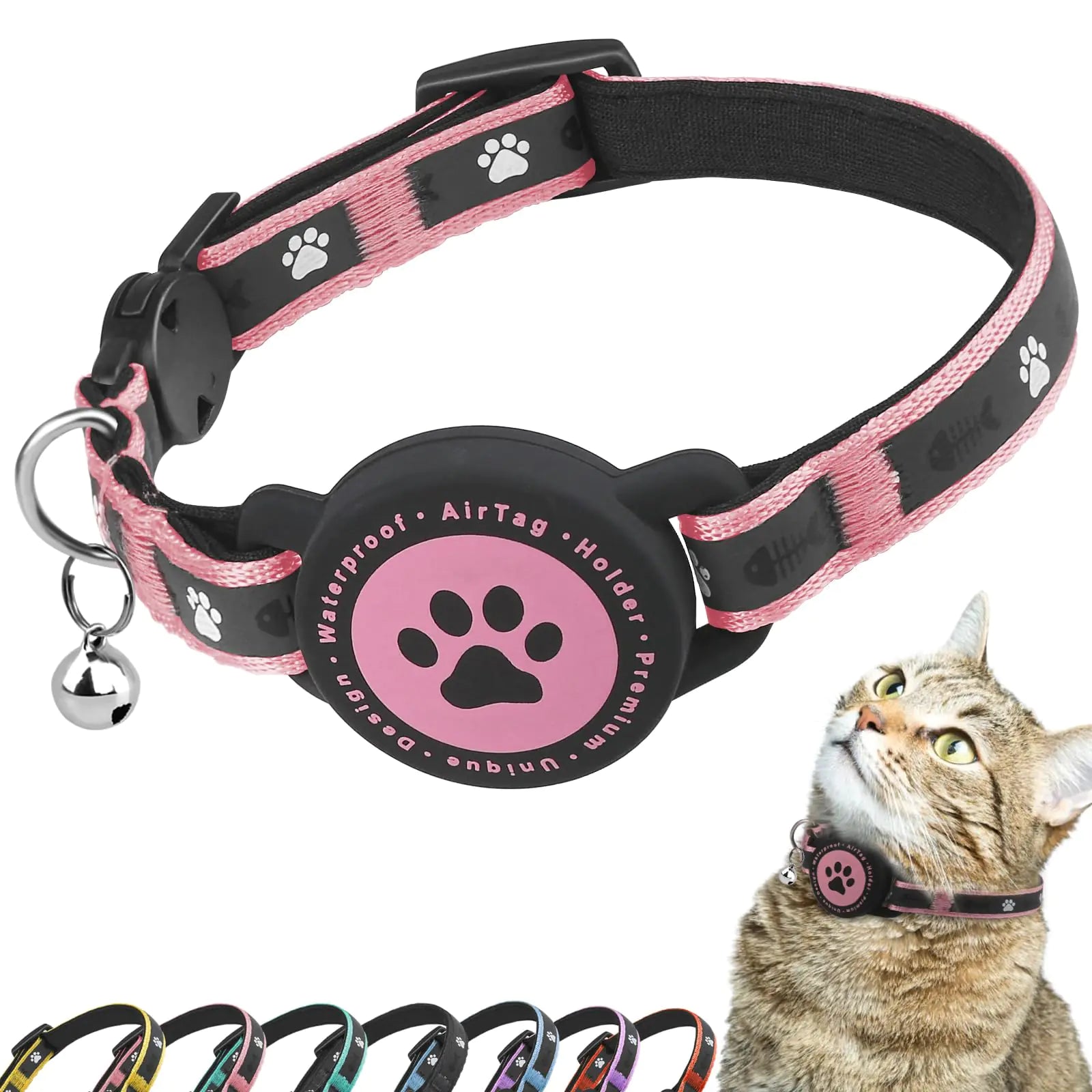 Reflective Safety Cat Collar with Integrated AirTag Holder and Bell (PinkXS)
